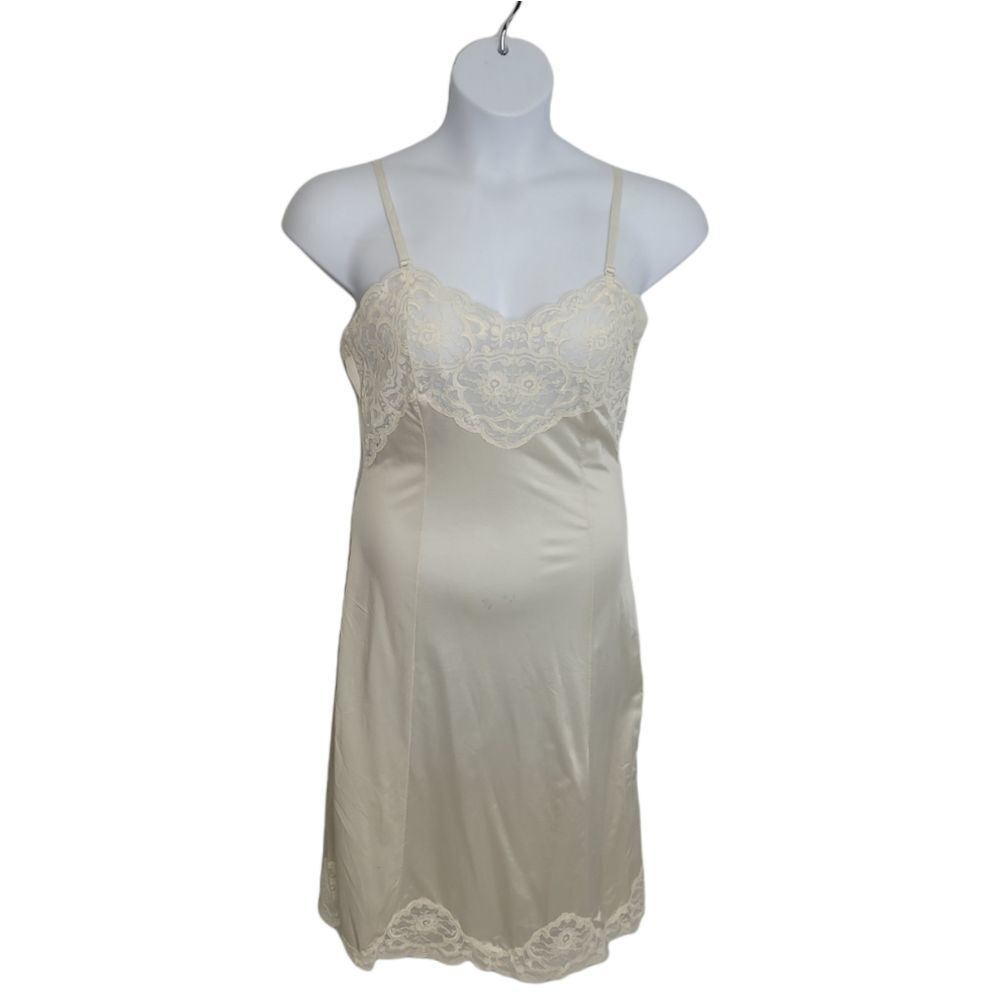 VINTAGE 70s slip Wonder Maid cream floral lace nylon dress grunge M